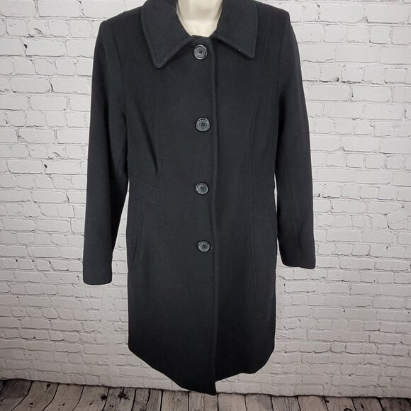 Anne Klein Black Wool Cashmere Blend Buttoned Lined Pockets Over Coat Size 6 - Picture 1 of 13